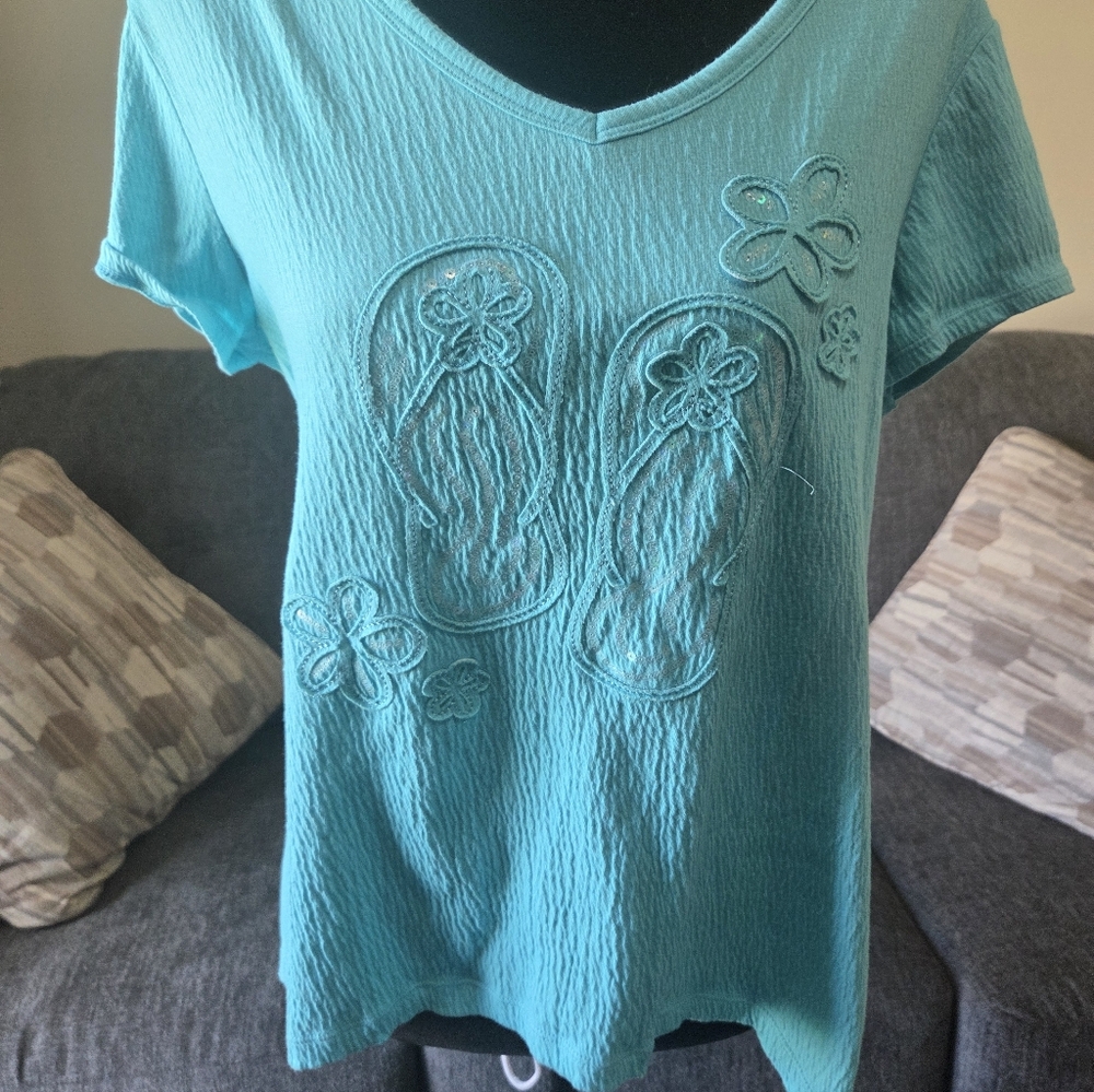 Aqua Floral Embroidered Women's Tee
